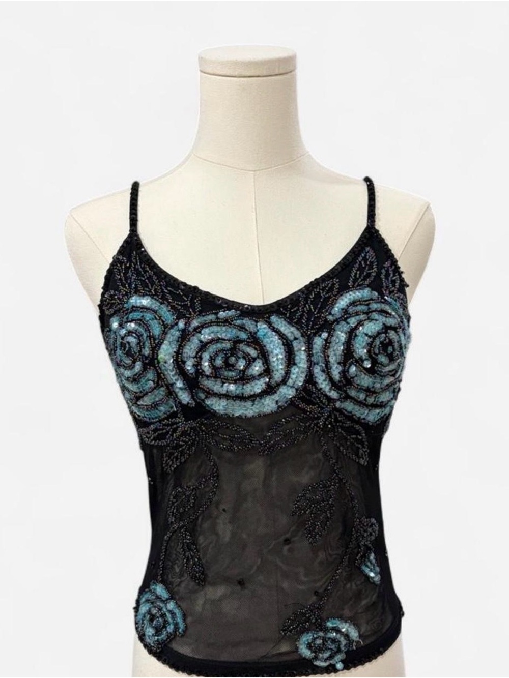 Cache Black Sheer Beaded Cami with Blue Rose Embellishments